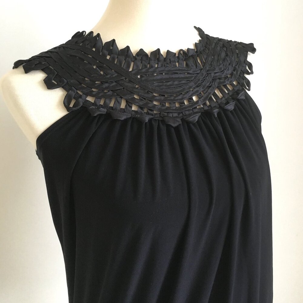 Black Tank Blouse Medium Perseption Concept Petite Satin Woven Collar Sleeveless